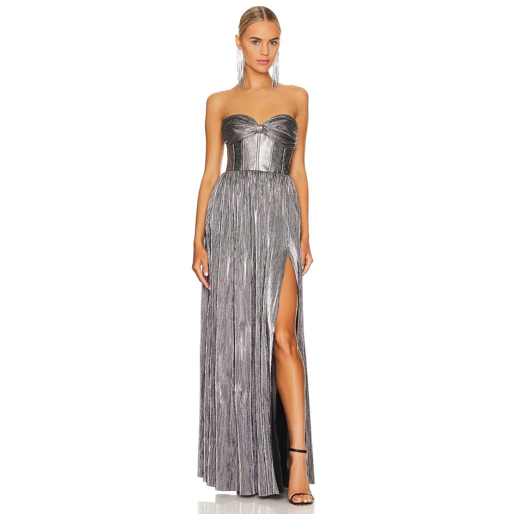 Bronx and Banco Florence Silver Gown Metallic Pleated Strapless Dress